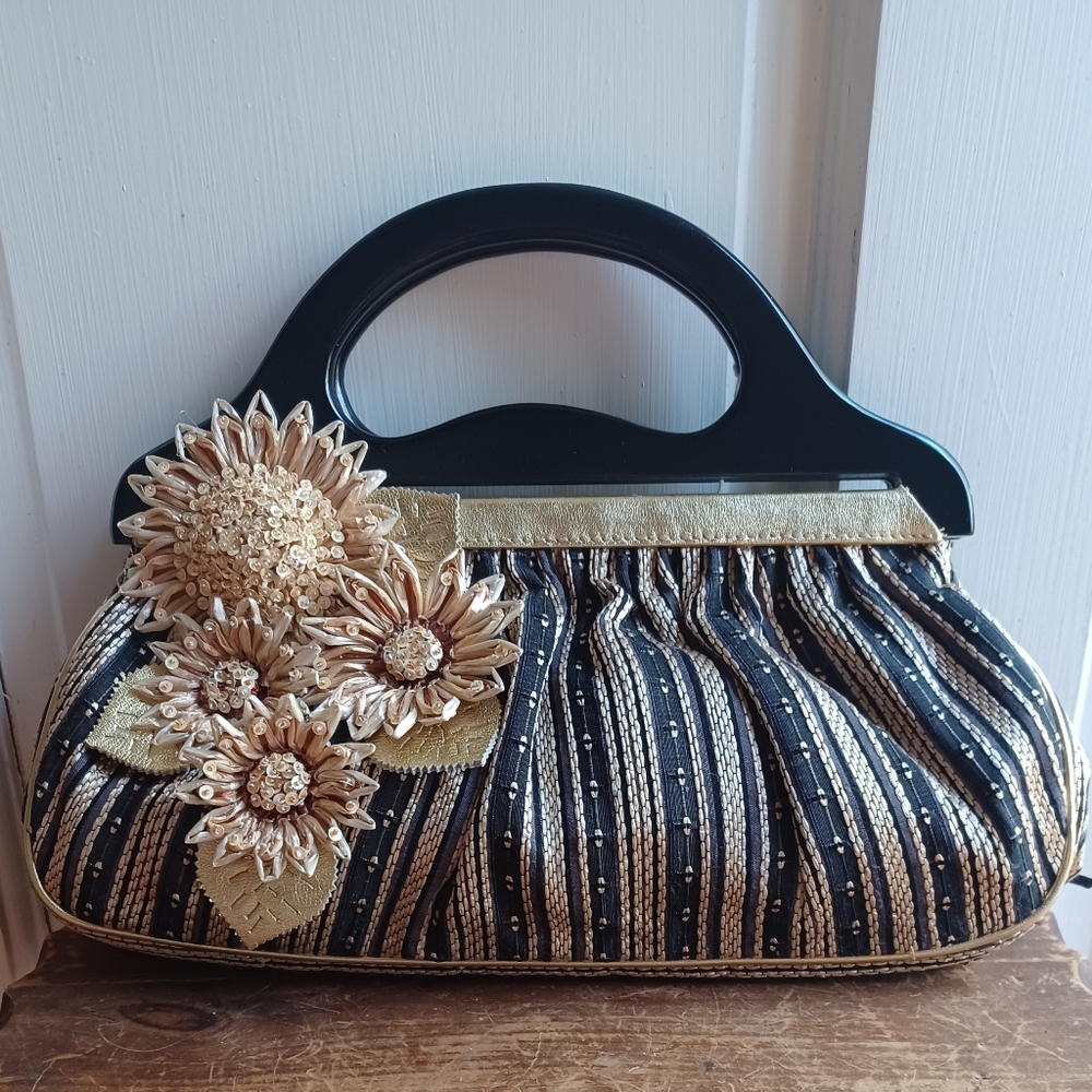 Isabella Fiore Flower-Embellished Black/Gold Clutch With Laquered Black Handles